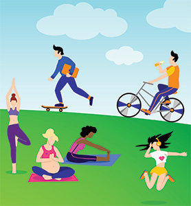 A drawing of people exercising in the park